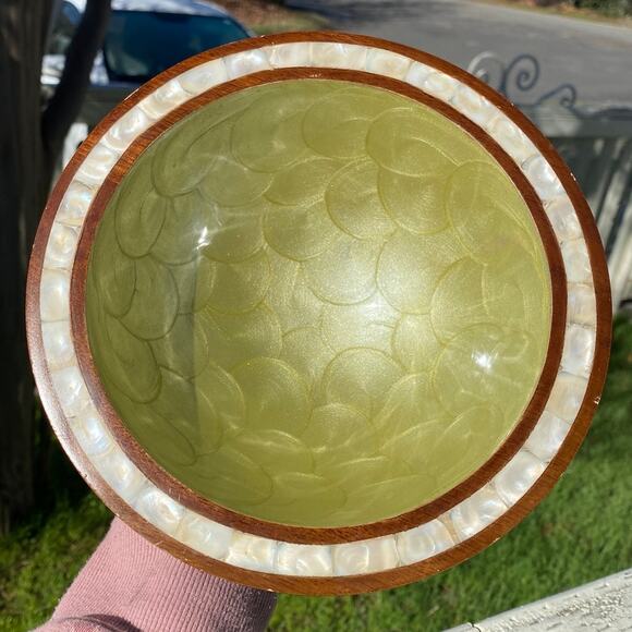 Julia Knight Mango Wood Mother of Pearl Inlay Wood Jewels Pedestal Bowl India - Picture 1 of 14